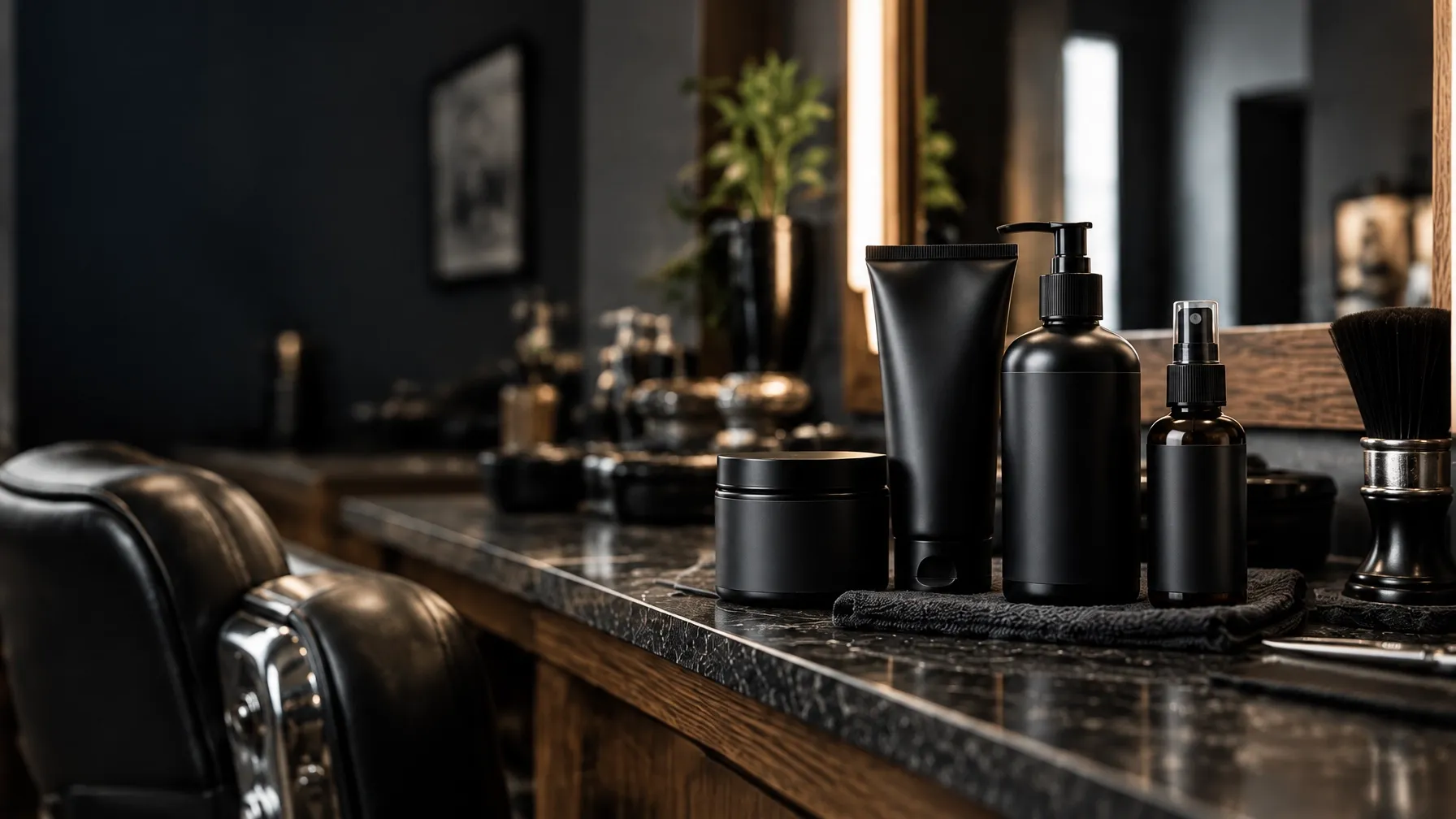 Professional grooming products arranged at a modern barbershop station